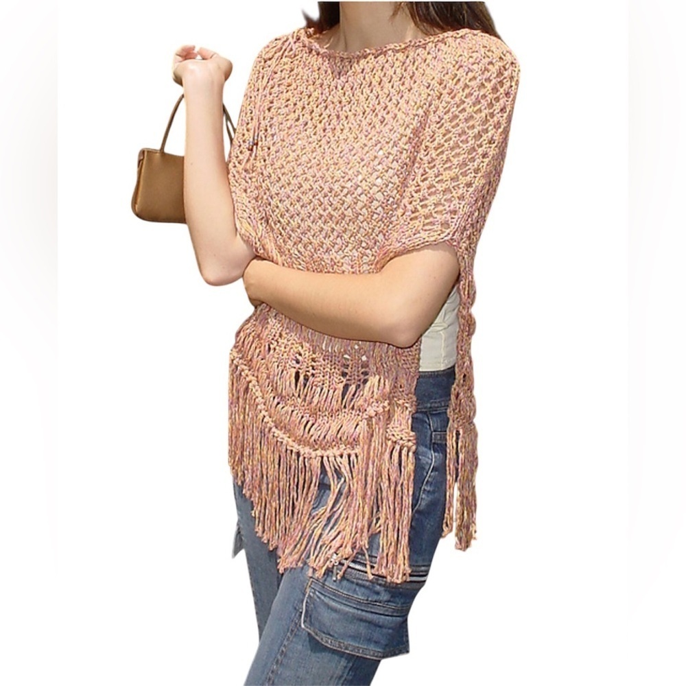 Pink Fringe Knit Sweater Poncho OS